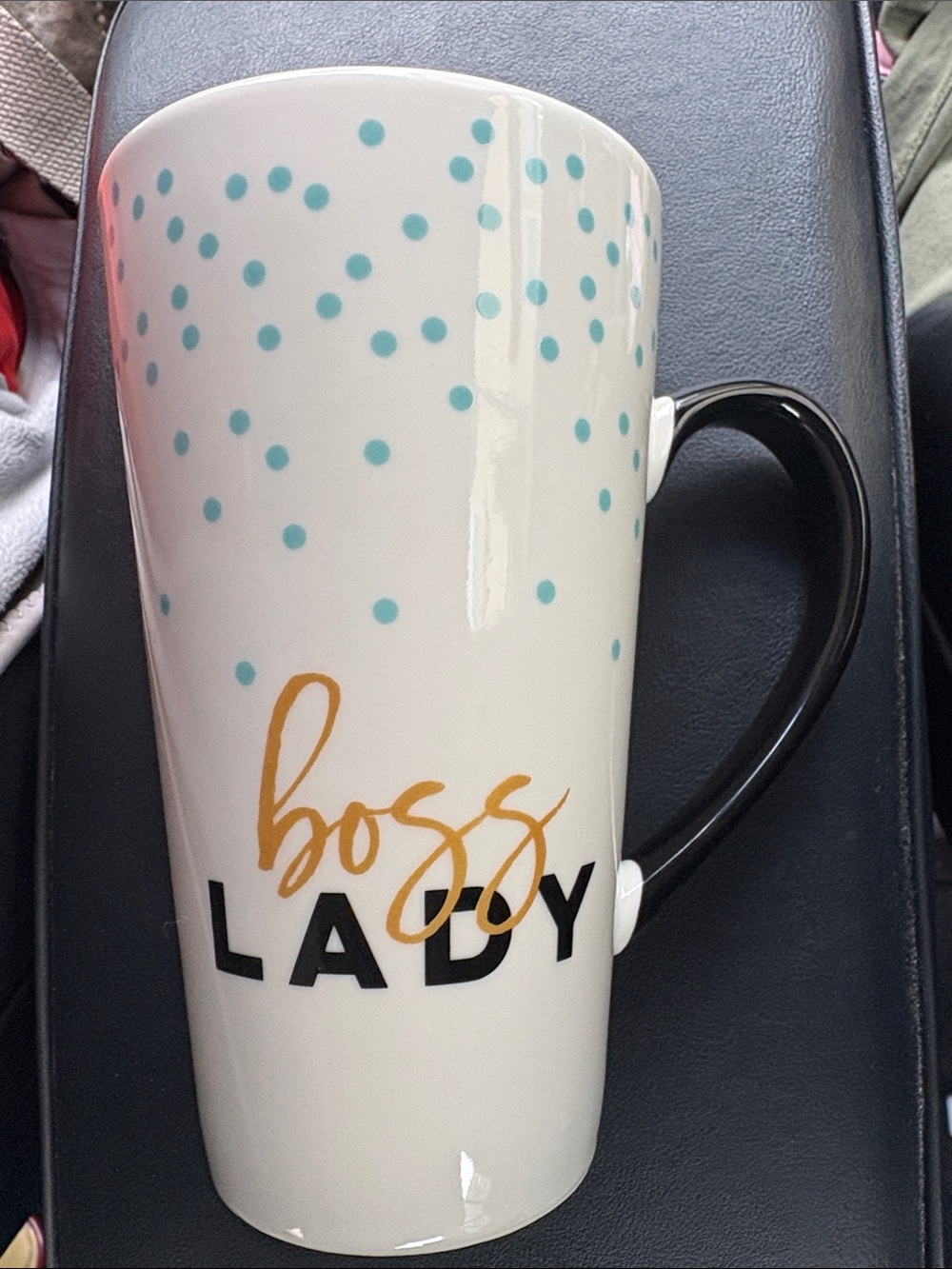 Boss Lady Ceramic Mug - White with Teal Dots and Gold Script